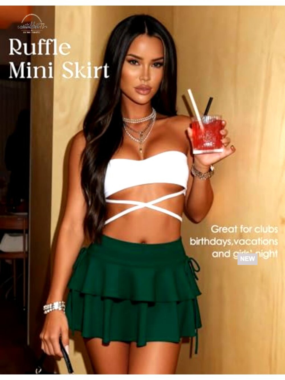 High Waisted Pleated Mini Skirt Stretchy Ruffle Layered Skater Skirt - Picture 4 of 6